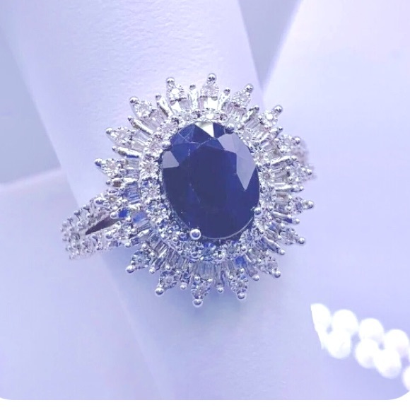 EFFY Statement Ring 14k White Gold, huge Sapphire Nestled in Tons of Diamonds LN - Picture 6 of 14